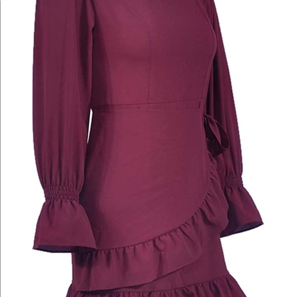 2/$40 VDAY Women wine red ruffle front wrap dress long sleeve burgundy medium - Picture 8 of 11
